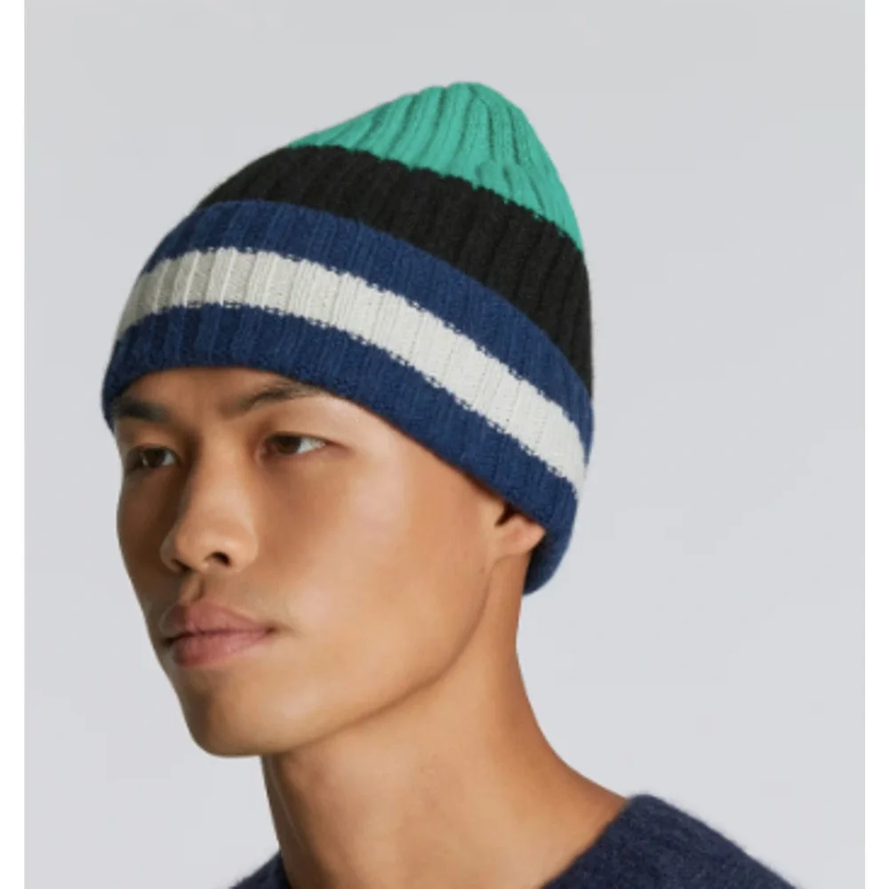 NWT Everlane Unisex Cashmere Wool Ribbed Multi-Stripe Beanie Green Navy OS